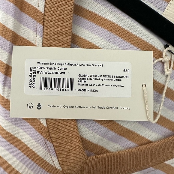 PACT Women's Striped Tan and White Dress, 100% Organic Cotton, size XS - Picture 2 of 2